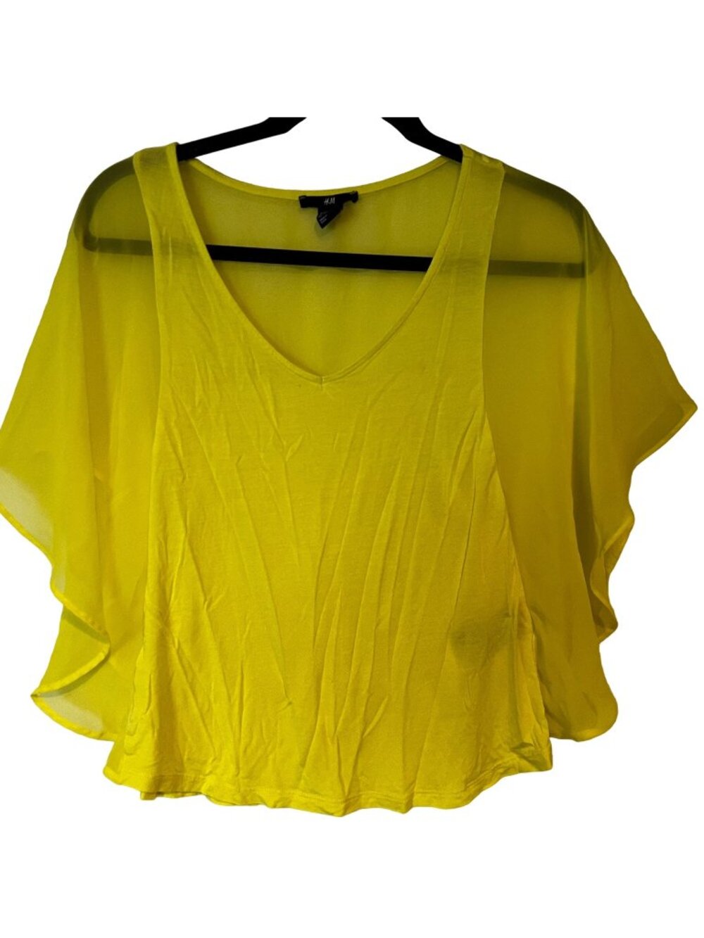 H&M Blouse Sheer Womens Size XS Flowy Yellow Flutter Sleeve Attached Tank